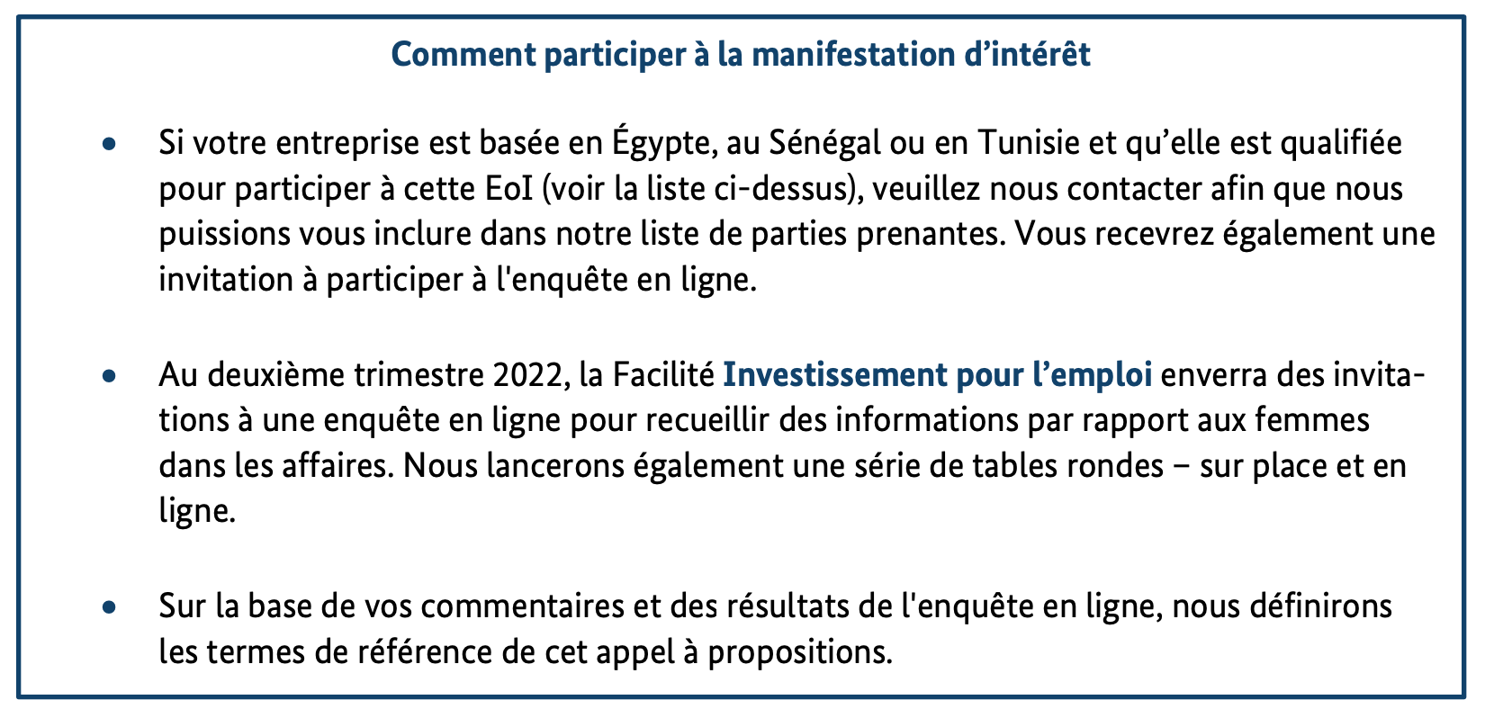 Communiqué de presse : Les femmes dans les affaires : La Facilité Investissements pour l’emploi (IFE) invite les entreprises en Égypte, au Sénégal et en Tunisie à une manifestation d’intérêt